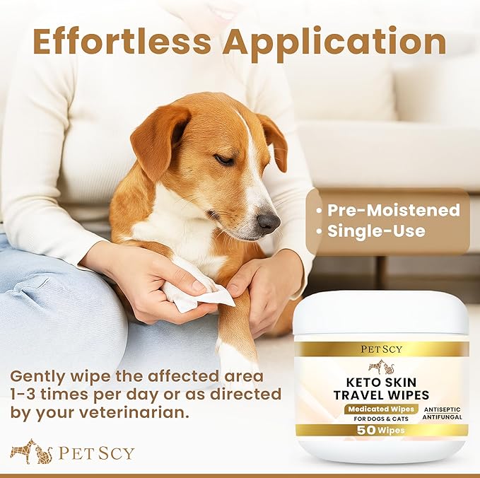 Petscy Keto Skin Travel Wipes - Antiseptic Dog Wipes for Paws, Ears, Facial Folds, Underarms & Other Sensitive Areas for Dogs & Cats – Aloe-Infused, Non-Greasy Formula (Travel)