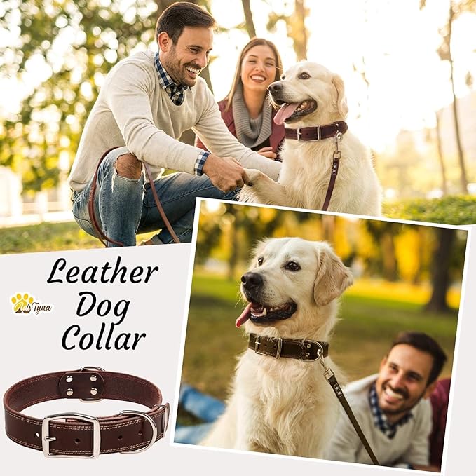 ADITYNA Heavy Duty Leather Dog Collar for Large Dogs - Soft and Strong Leather Collar for Walking, Training, Hunting, and Running (Large: Fit 17" - 23" Neck, Brown)
