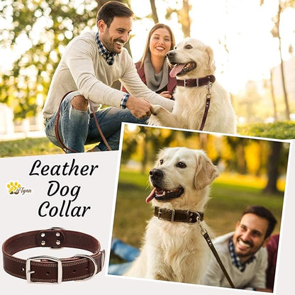 ADITYNA Heavy Duty Leather Dog Collar for Large Dogs - Soft and Strong Leather Collar for Walking, Training, Hunting, and Running (Large: Fit 17" - 23" Neck, Brown)