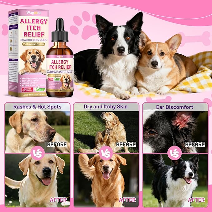 Wagmee Allergy Relief Drops for Dogs, Dog Itchy Skin Relief with Fish Oil, Omega-3, Turmeric & Natural Anti Itch for Dogs Ears & Paw Relief - Dog Seasonal Allergies, Skin & Coat Immune Supplement
