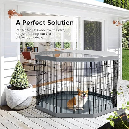 PJYuCien Dog Playpen, 8 Panels 42”H Dog Playpen Indoor with Grey Bottom Pad and Top Cover, Metal Foldable Dog Pen for Indoor Use, Better for Small Medium Animals, Grey