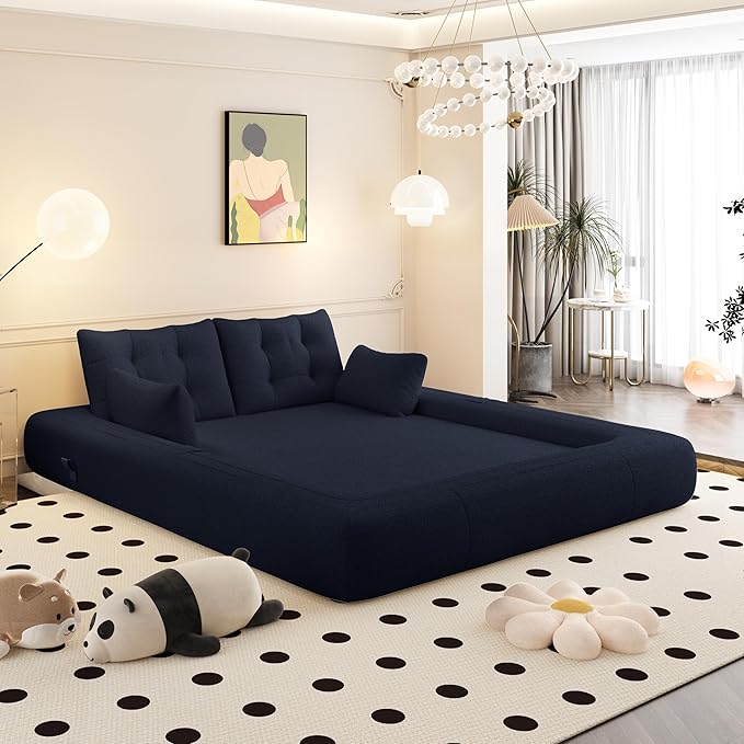 KEIKI 78.7" Human-Sized Dog Bed, 3-in-1 Foldable Sleeper Sofa Bed for Adults, Convertible Floor Couch & Lazy Lounge Chair with Teddy Fabric Foam Filling, Dark Blue