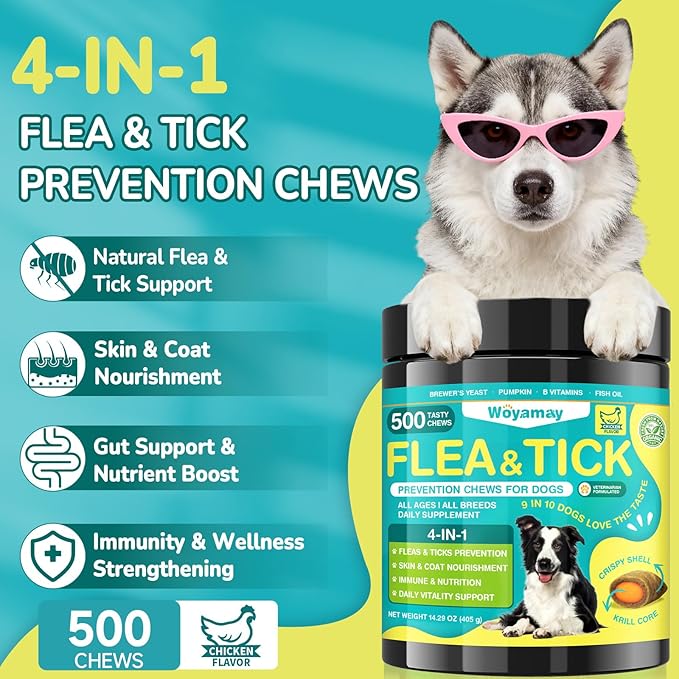 Woyamay 4-IN-1 Flea and Tick Prevention for Dogs, 500 Crunchy Dog Flea Chews, Dog Flea Treatment, Natural Oral Flea Treatment for Dogs, Daily Support for Flea, Skin & Coat, Gut, Immune, Chicken Flavor