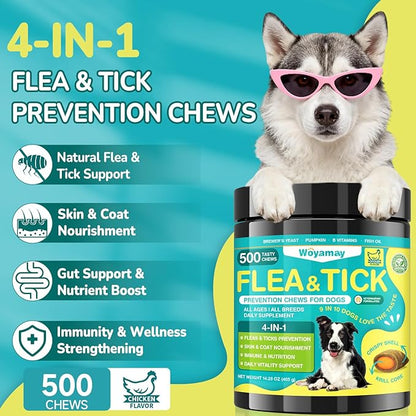 Woyamay 4-IN-1 Flea and Tick Prevention for Dogs, 500 Crunchy Dog Flea Chews, Dog Flea Treatment, Natural Oral Flea Treatment for Dogs, Daily Support for Flea, Skin & Coat, Gut, Immune, Chicken Flavor