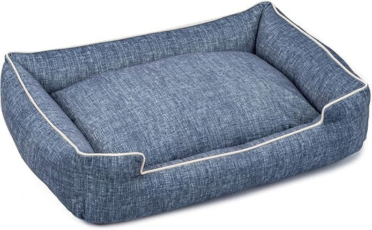 Jax & Bones Dog Bed Lounge - Machine Washable Bed for Dogs - Extra Heavy Duty Bolstered Sides - Large Stonewash Blue Dog Mat Beds | 39 x 32 Inches