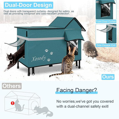 Xosody Heated Cat House for Outside Cats- 100% Weatherproof Insulated Outdoor Cat House with Heating Pad, Elevated Base & Safe Escape Door, Warm Kitty Shelter for Feral or Stray Cats in Winter