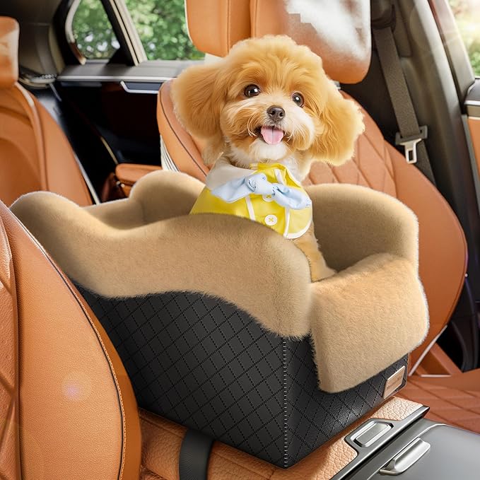 Mavora Max Portable Small Dog Seat for Car, Luxury Center Console Dog Car Seat Booster with Safety Tethers, Anti-Collapse Pet Travel Carseat for SUV, Truck (Black/Brown)
