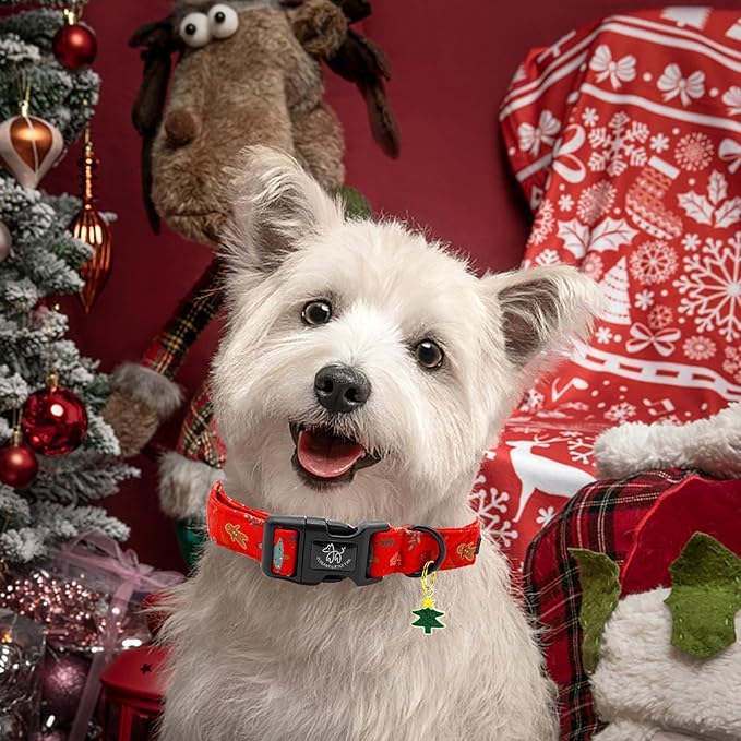 Elegant littlle Tail Christmas Dog Collar, Red Pet Collars Soft Cotton Winter Dog Collar with Quick Release Buckle Pet Puppy Collars for Small Medium Large Dogs