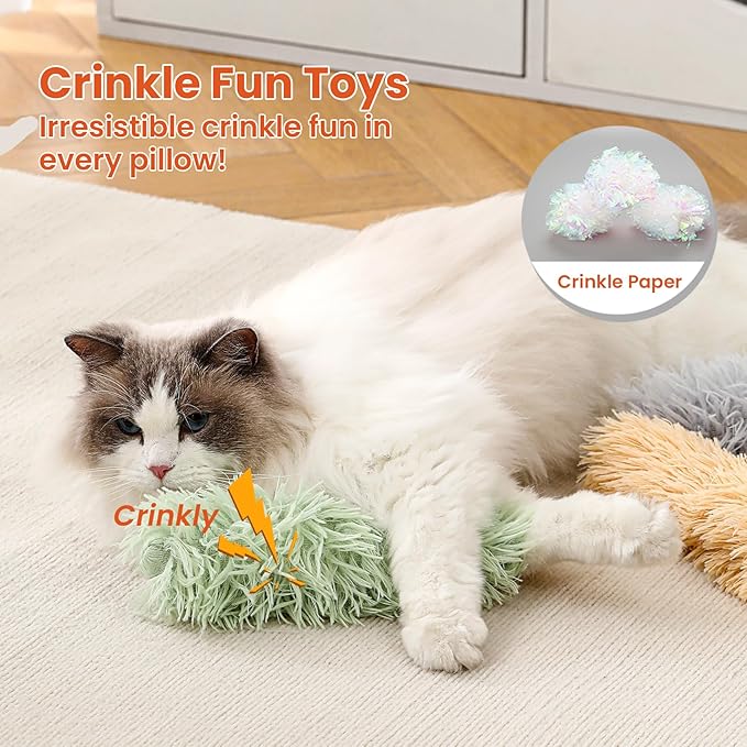3 Pack Cat Pillow Toys with Catnip, Soft Plush Crinkle Cat Kicker Toys, Interactive Indoor Kitten Chew Toys for Kitty Exercise, Catnip Toys, Promotes Self Play