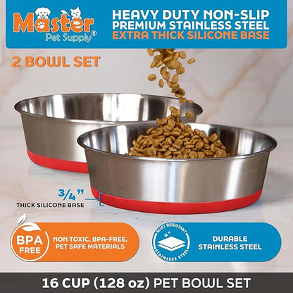 Master Pet Supply Stainless Steel Dog Bowls Set of 2 with Extra Thick Silicone Base - 16 Cup (128 oz) Crimson Red, Non-Slip, Dishwasher Safe Metal Bowls, Pet Dog Food Bowl for Dogs, Cats, Anti Rust