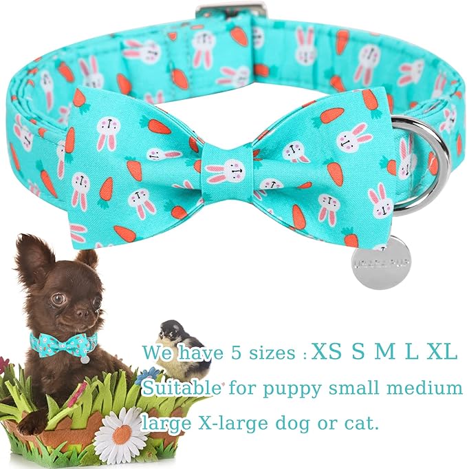 UP URARA PUP Easter Dog Collar with Bow Tie, Cotton Easter Bowtie Collar for Puppy Girl Boy Dog or Cat, Cute Carrot Pet Collar with Metal Buckle, Easter Gift Rabbit Dog Collar, XS