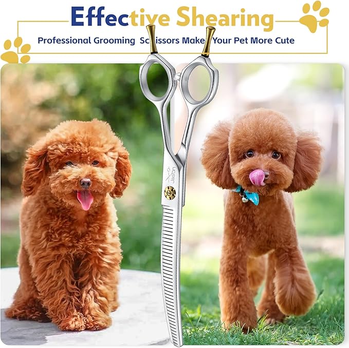 JASON Dog Thinners for Grooming - 7" Down-curved Blender Scissors with 30%-35% Thinning Rate, Japanese 440C Stainless Steel Dog Grooming Thinning Shears with Adjustable Screw (40 Teeth, Silver) Gift
