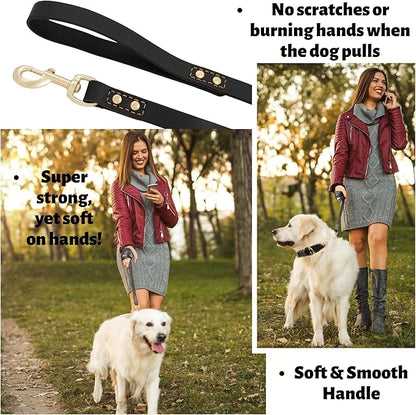 Leather Dog Leash 6 ft x 3/4 inch - Soft, Strong, Heavy Duty for Large & Medium Breeds - Dog Lead for Training (Black - Gold Colored Clasp, L - 6 ft x 3/4 inch)