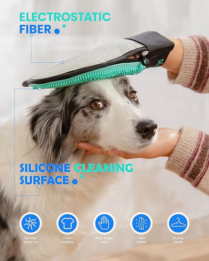 Cykurys Pet Hair Removal Glove for Dogs & Cats, 2-in-1 Double-Sided Pet Grooming Tool, Electrostatic Pet Hair Remover Glove for Clothes & Furniture + Silicone Brush for Deshedding Pets