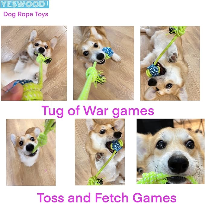 YESWOOD! Tug of War Dog Toy Small Breed,Dog Ball with Rope,4-Pack Rope with Ball Attached for Small and Medium Breed 0-80 Pounds,Puppy Interactive Toy