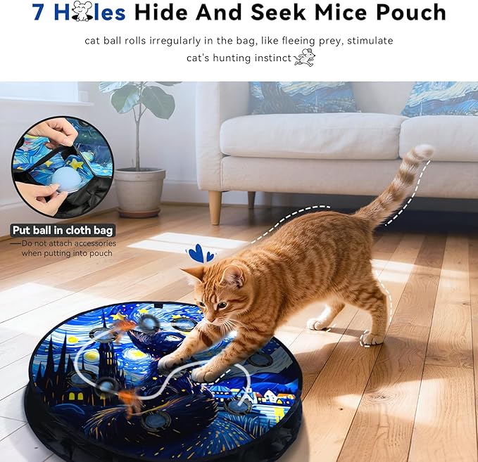 KiwiLove Interactive Cat Toy with Motion Activated Ball & 7-Hole Play Mat, Hide and Seek Exercise Game for Indoor Cats, Automatic Moving Cat Ball in Pouch, Rechargeable Kitten Toys