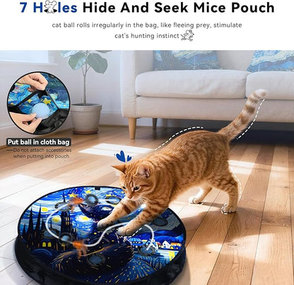 KiwiLove Interactive Cat Toy with Motion Activated Ball & 7-Hole Play Mat, Hide and Seek Exercise Game for Indoor Cats, Automatic Moving Cat Ball in Pouch, Rechargeable Kitten Toys