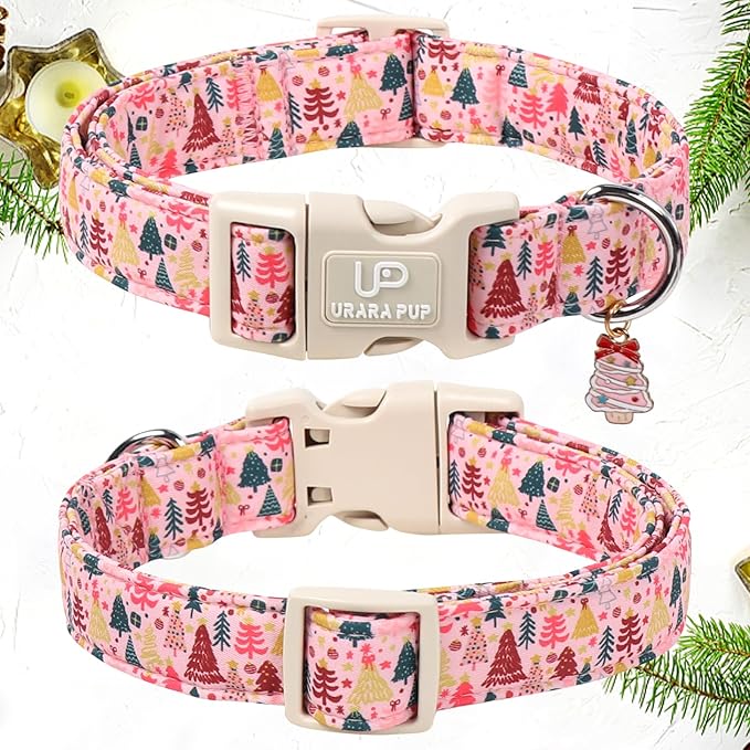 Christmas Dog Collar, Pink Christmas Tree for Dogs, Adjustable Pet Collar with Cute Xmas Tree Pendant, Festive Winter Dog Accessories for Small Medium Large Dogs S