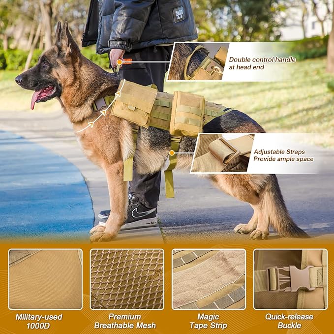 AIWAI Tactical Dog Harness with Pouches,Dog Vest Harness for Large Medium Dogs No-Pull Adjustable Military Dog Harness with Handle Walking Hiking Training (Camouflage, L)