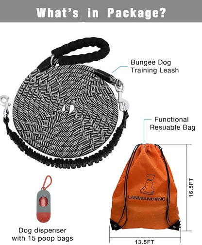 Long Dog Leash with Reflective Threads 15FT 20FT 30FT 50FT,Heavy Duty Bungee Dog Leashes for Small Medium Large Dogs,Shock Absorbing Training Leash for Walking,Hunting,Camping&Yard