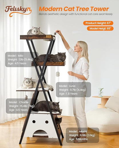 Modern Wood Cat Tree Tower for Indoor Cats Large Adult - 67 Inch Tall Multi-Level Heavy Duty Cat Condo Trees Furniture with Caves Perch Bed Scratching Board - XL Big Sturdy Wooden Kitty Climbing House