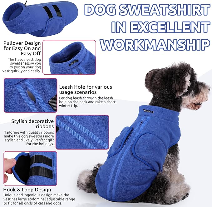 Queenmore XXS Dog Sweater, Soft Fleece Vest Pullover with Leash Hole, Warm Winter Dog Coats for Small Dogs Cats, Boy or Girl (Blue, XXS)