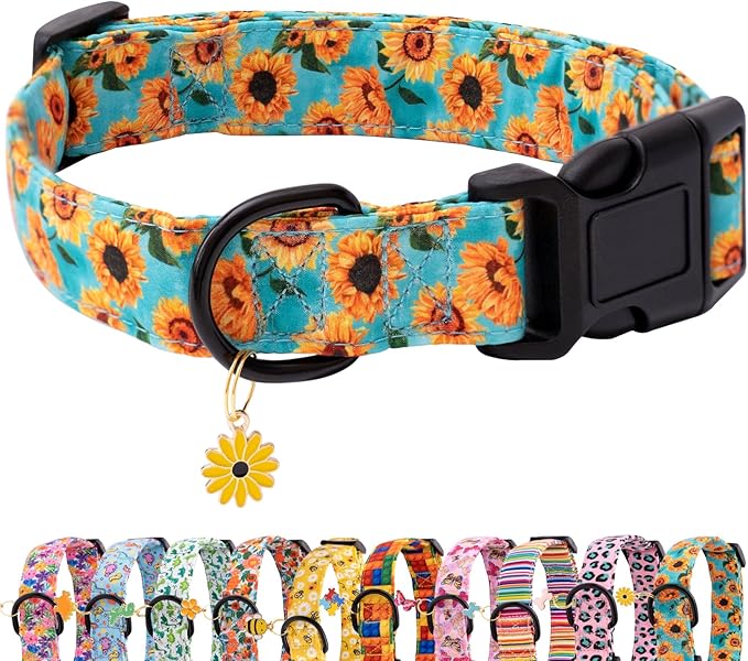 Faygarsle Dog Collar for Small Medium Large Dogs Cute Light Green Puppy Collars for Female Dogs Sunflower Patterned Pet Collars for Summer Spring Wedding Puppy Girl Dog Collar L