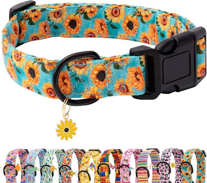 Faygarsle Dog Collar for Small Medium Large Dogs Cute Light Green Puppy Collars for Female Dogs Sunflower Patterned Pet Collars for Summer Spring Wedding Puppy Girl Dog Collar L