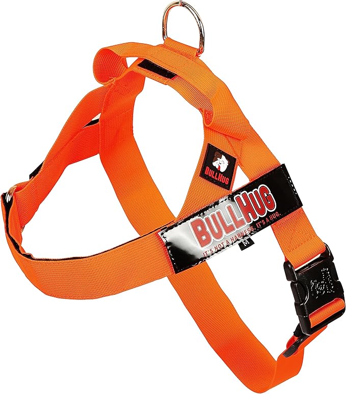 BULLHUG Adjustable Dog Harness– No Pull, No Choke – for English Bulldogs, French Bulldogs, Pugs & Broad-Chested Breeds – Easy, Safe Walks (NEON Orange, Small)