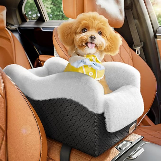 Mavora Max Portable Small Dog Seat for Car, Luxury Center Console Dog Car Seat Booster with Safety Tethers, Anti-Collapse Pet Travel Carseat for SUV, Truck (Black/White)