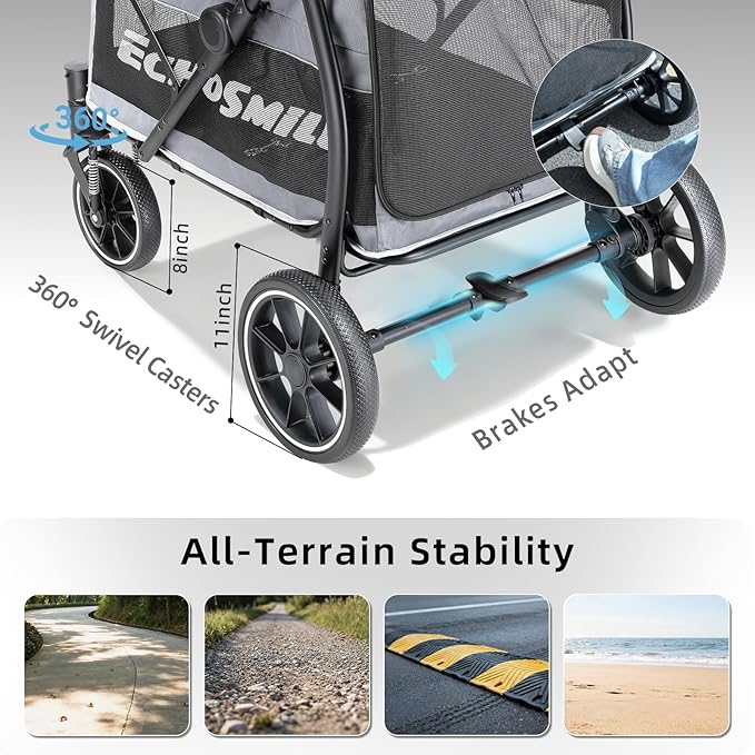 EchoSmile Dog Stroller for Large Dogs, 135lbs Weight Extra Large Pet Stroller, 4 Wheels Cats & Dogs Carrier with Brakes, Breathable Mesh Windows & Pocket, Gray