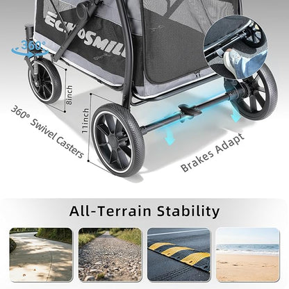 EchoSmile Dog Stroller for Large Dogs, 135lbs Weight Extra Large Pet Stroller, 4 Wheels Cats & Dogs Carrier with Brakes, Breathable Mesh Windows & Pocket, Gray