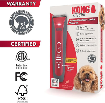 Kong 2-Speed Cordless-Corded Dog Clipper Kit – Stainless Steel Blade, Waterproof, LED Spotlight, Use-While-Charging, 6 Guide Combs, Ergonomic Handle – Red/Gray, Medium Coat Types