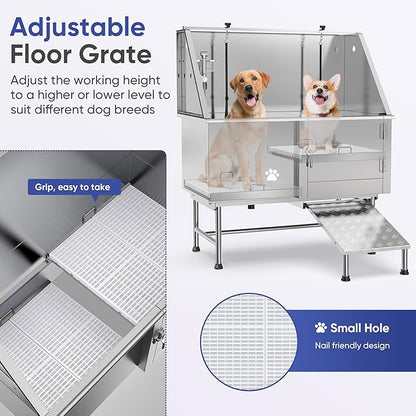 Flying Pig 50" Stainless Steel Pet Dog Grooming Bath Tub with Walk-in Ramp & Accessories (Right Door/Left Drain)