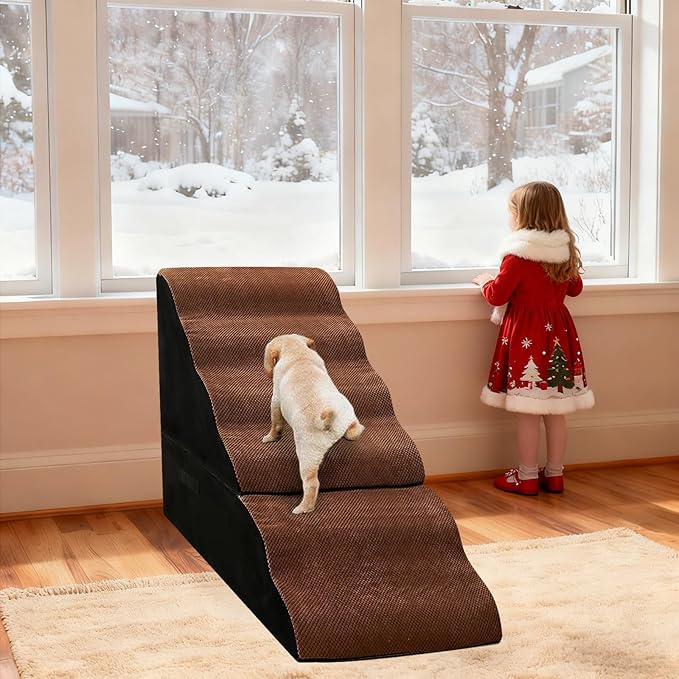 MALOROY Dog Steps for High Beds 30-32" H - 6-Step Dog Stairs for Small Dogs, 33D Foam Pet Steps for High Bed with Non-Slip Bottom and Washable Cover, Dogs Ramp for Bed Indoor, Brown
