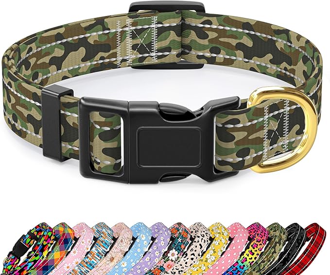 MOODEL Reflective Dog Collar for Large Dogs, Cute Camouflage Adjustable Heavy-Duty Nylon Puppy Collar for Boy and Girl Female, Soft Pet Accessories with Quick Release Buckle, Green