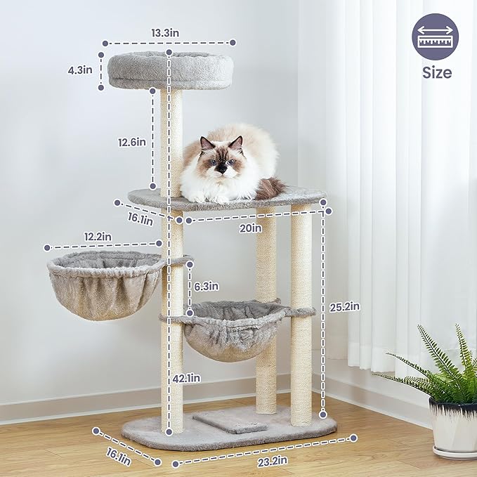 Small Cat Tree Tower with Scratching Post Condo Indoor - 42 Inch Cats Bed Hammock Perch for 2 Corner Cats Large Adult - Medium Short Compact Multi Level Cat House - Tall Climbing Gym Towers Furniture