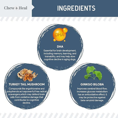 Chew + Heal Labs Senior Dog Vision and Cognition Chews - 120 Soft Chews for Dog Eye Care and Memory - 7-in-1 Multivitamin with Omega Fatty Acids, Vitamins, and Botanicals - Made in The USA