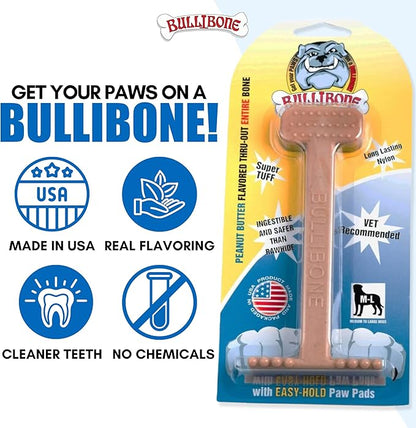 Bullibone Nylon Dog Chew Toy for Aggressive Chewers - Dental Hygiene Bone with Peanut Butter Flavor, Durable Tough Chew Toys for Extra Large Dogs, Indestructible Dog Bone - Single
