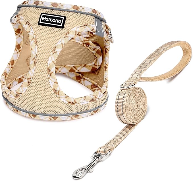 Mercano Soft Mesh Dog Harness and Leash Set, No-Chock Step-in Reflective Breathable Lightweight Easy Walk Vest Harnesses with Safety Buckle for Small Dogs, Cats (Beige, M)