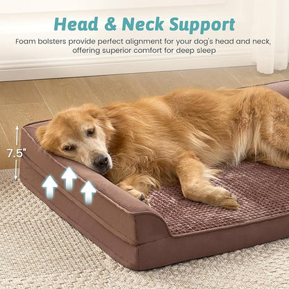 COZY KISS Orthopedic Dog Bed for Large Size Dog, XL Dogs Crate Bed, L Shaped Foam Anti-Slip Bottom Pet Cat Sofa with Washable Removable Cover, Suitable for Pet Up to 100 lbs, 42x30x7.5 inch, Brown