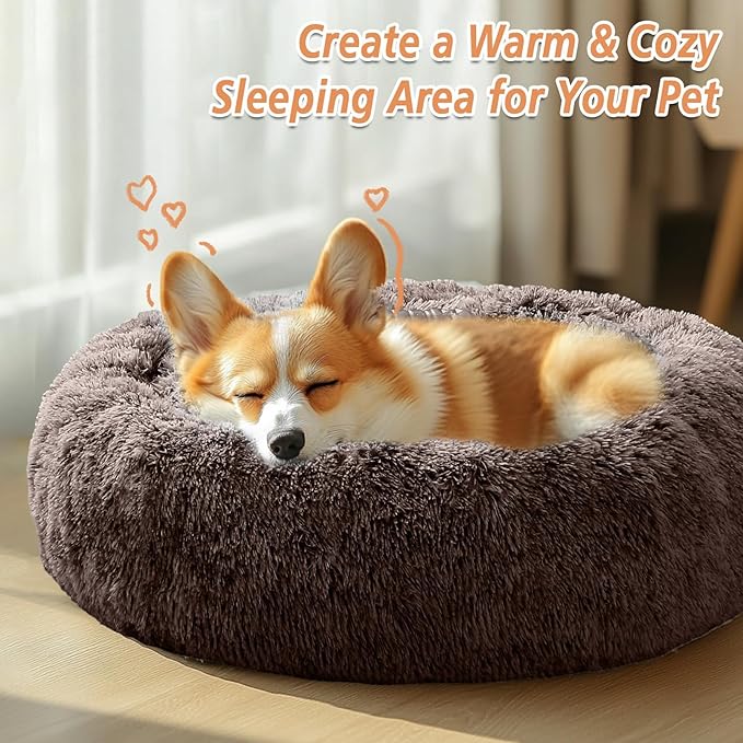 JOLLYVOGUE Calming Dog Bed Large Size Dog, Anti-Anxiety Donut Large Pet Bed, 36 inches Fluffy Faux Fur Round Cat Bed, Fits up to 75 lbs Pets