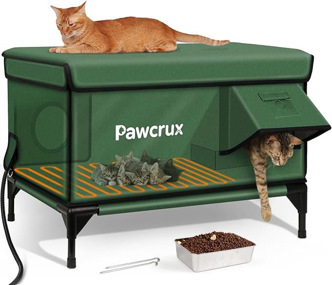 Heated Cat House for Outdoor Cats, Waterproof Insulated Outdoor Cat House with Heating Pad, Weatherproof Elevated Heated Cats House for Outside Feral Cats (Green, 29" L x 17" W x 20" H)