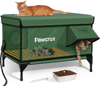 Heated Cat House for Outdoor Cats, Waterproof Insulated Outdoor Cat House with Heating Pad, Weatherproof Elevated Heated Cats House for Outside Feral Cats (Green, 29" L x 17" W x 20" H)