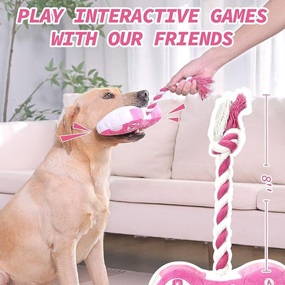 MTERSN Cute Dog Plush Toys : Squeaky Dog Toys with Crinkle Paper and Interactive Rope Toy for Tug of War - Game Controller Dogs Chew Toy with 3 Squeakers for Puppy, Small, Medium, Large Dogs (Pink)