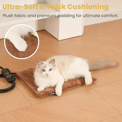 PetTemp Cat Heating Pad, Heated Cat Bed with 5 Heat Levels, Timer & Auto Shut-Off, Waterproof Warmer with Thick Fleece Cover, Chew-Resistant Cord, for Indoor & Sheltered Outdoor Use, 16" x 13"
