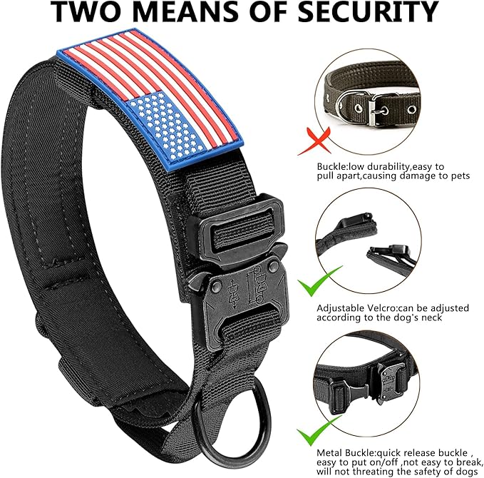 DAGANXI Tactical Dog Collar, Adjustable Military Training Nylon Dog Collar with Control Handle and Heavy Metal Buckle for Medium and Large Dogs, with Patches and Airtags Case (XL, Black)