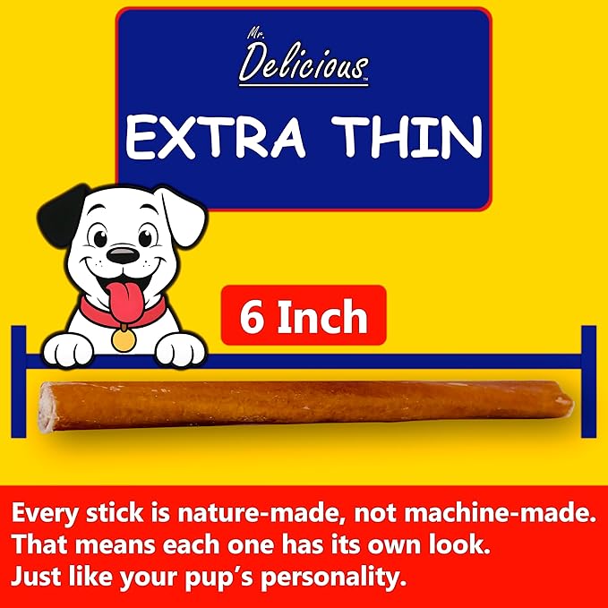 Mr. Delicious Bully Sticks for Dogs (10 Count, 6 Inch Extra Thin), Consistent Thickness, All Natural, Grass Fed, Rawhide-Free, Single Ingredient, Long Lasting Dog Chews