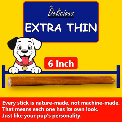 Mr. Delicious Bully Sticks for Dogs (10 Count, 6 Inch Extra Thin), Consistent Thickness, All Natural, Grass Fed, Rawhide-Free, Single Ingredient, Long Lasting Dog Chews
