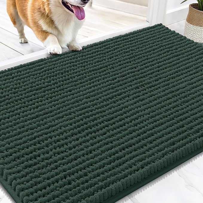 OLANLY Dog Door Mat for Muddy Paws 30x20, Ultra Absorbent Chenille Mud Doormat, Non-Slip Washable and Dirt Trapping Doormat for Indoor Entryway, Quick-Dry Indoor Pet Bed Mats for Dogs, Blackish Green